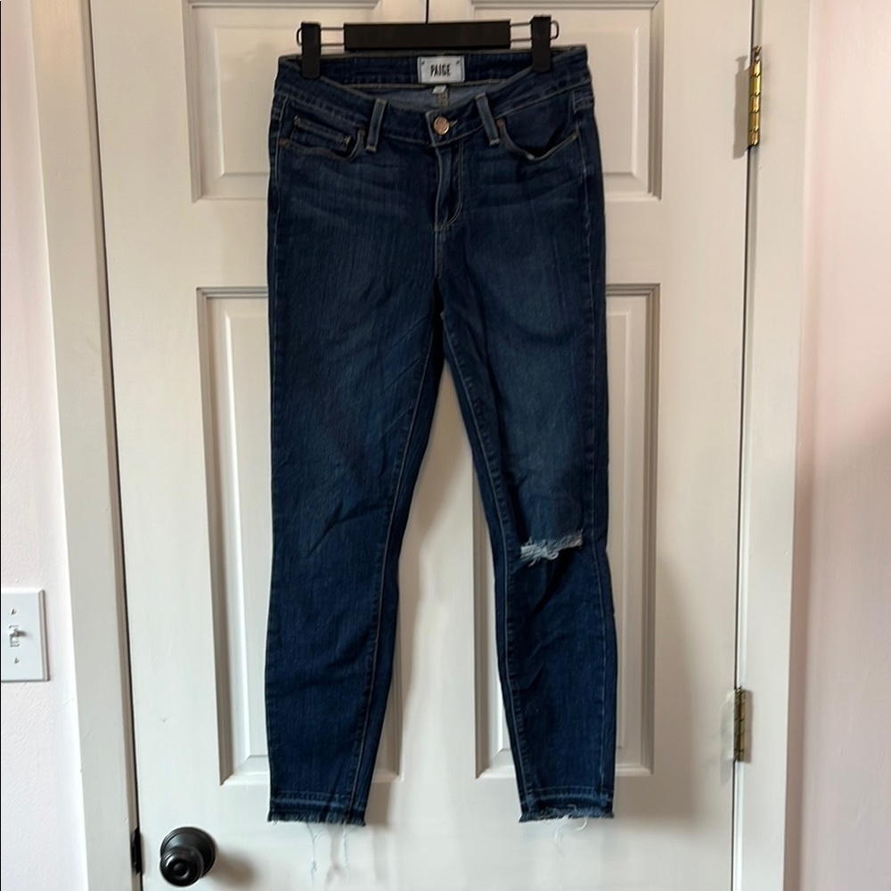 Paige Verdugo Blue Distressed Skinny Jeans w/ Raw Ankle Hems - Size 28